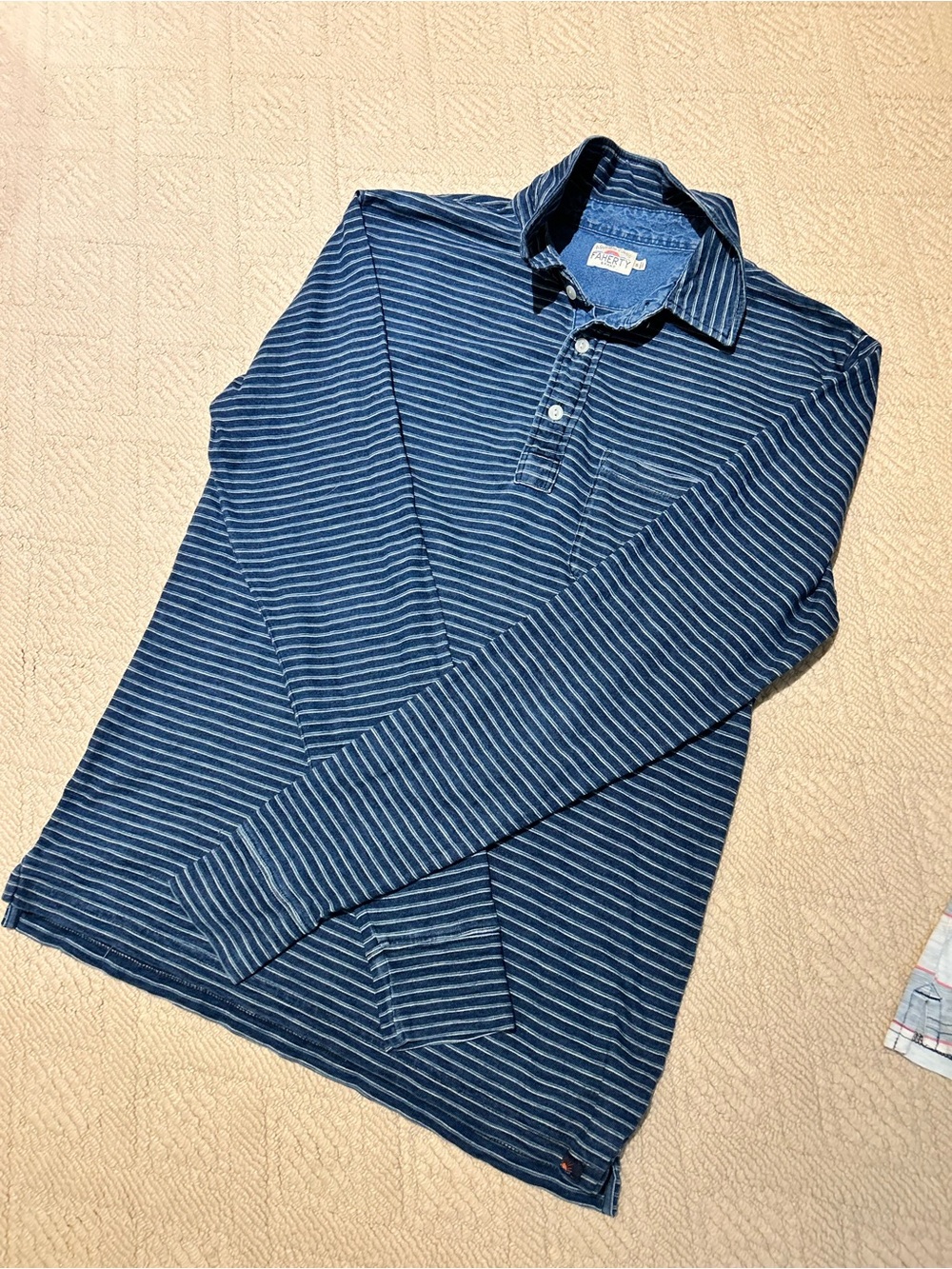 Faherty Navy and White Striped Long-Sleeve Polo